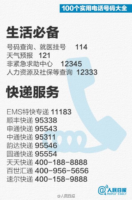 100个实用电话号码大全】手机网络,高速报警,机场车站,银行服务,消费