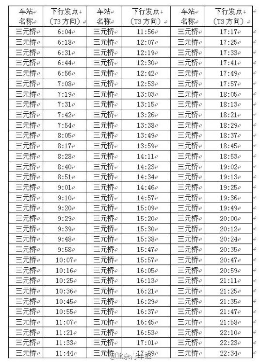 2016年6月1日起北京地铁机场线列车时刻表首