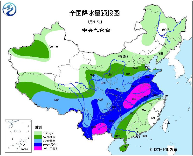 2016年6月27日未来十天全国天气预报:华南江南中南部持续高温少雨- 北京本地宝