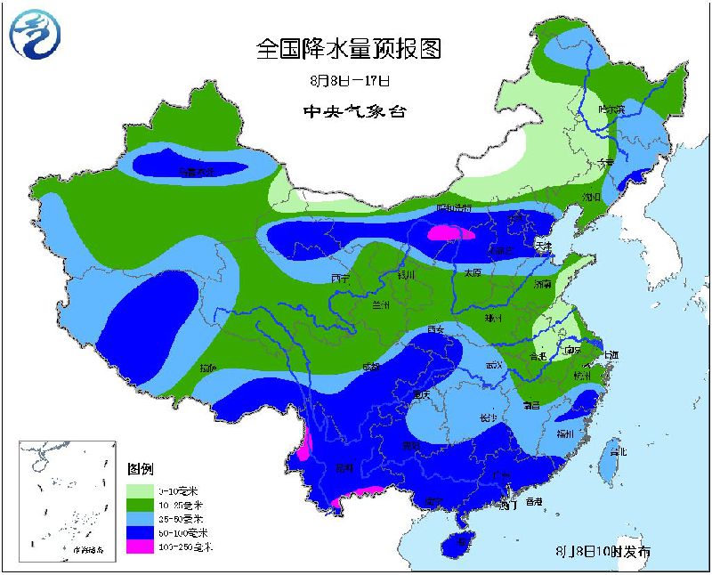 2016年8月8日未来十天全国天气预报:华北华南