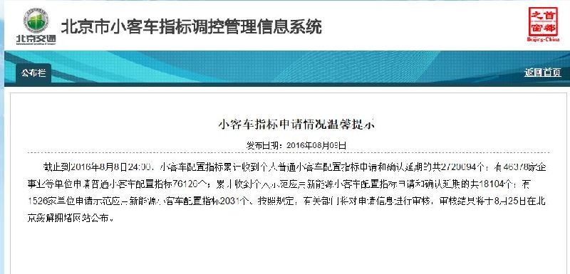 第四期北京新能源车指标申请人数1.8万 年度配