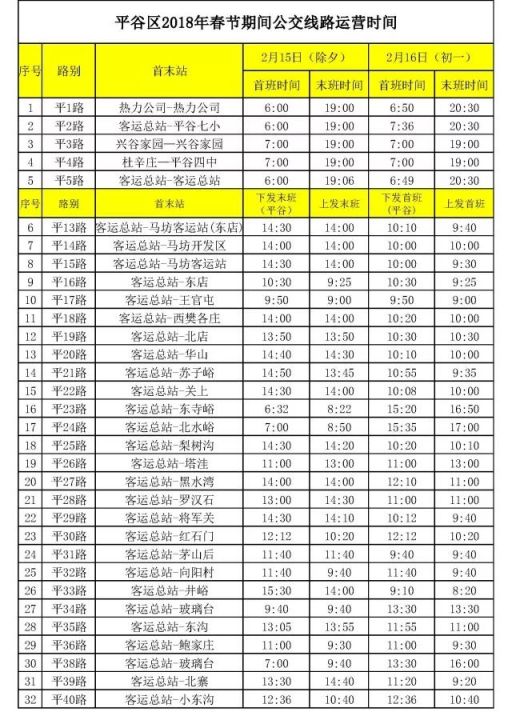 2018春节期间平谷公交调整时间表