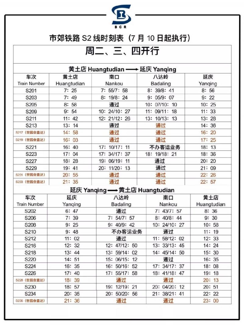 2019年7月10日起S2线实行新版列车时刻表
