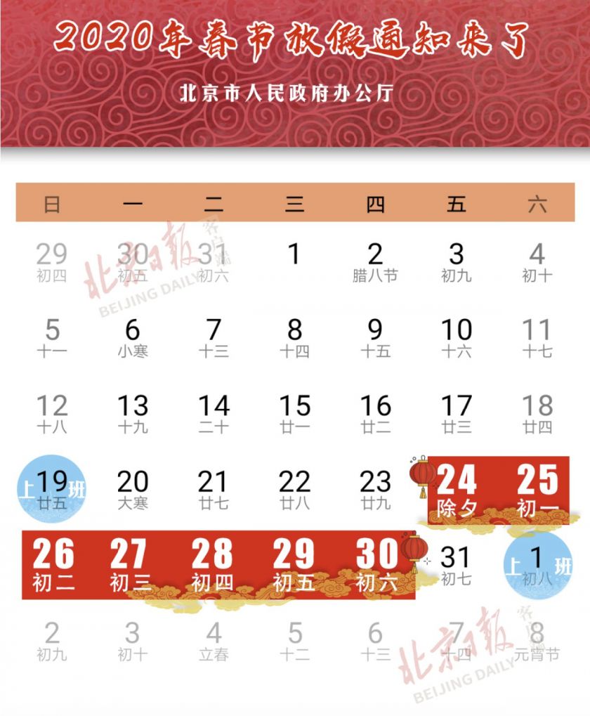 2020北京春节放假时间通知(北京市人民政府办