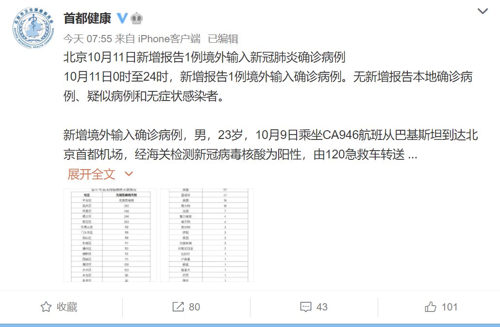 10月11日北京新增1例境外输入确诊病例(附行程详情)