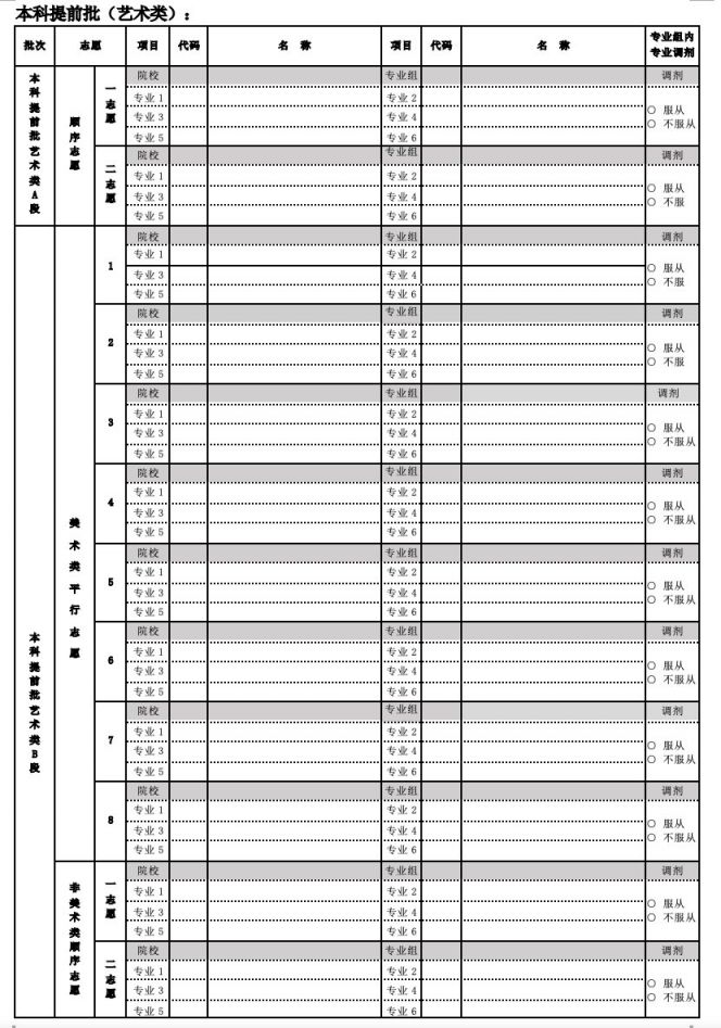 2020年北京高考志愿填报样表