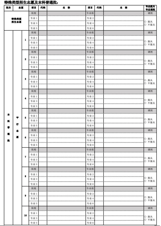 2020年北京高考志愿填报样表