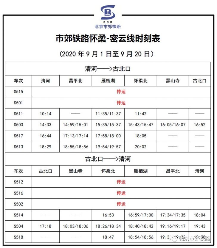 9月1日至9月20日北京市郊铁路怀密线部分列车停运