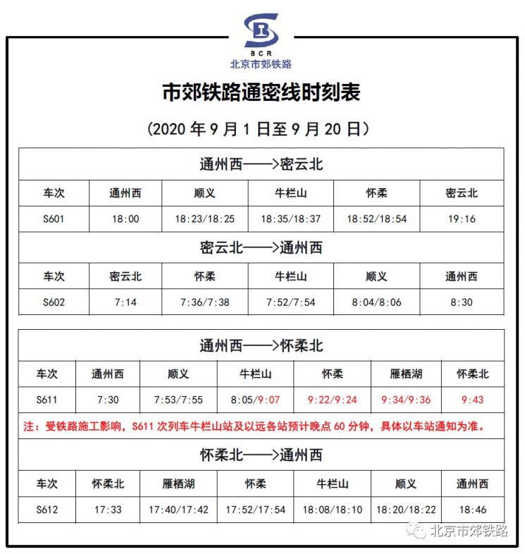 9月1日至9月20日北京市郊铁路怀密线部分列车停运