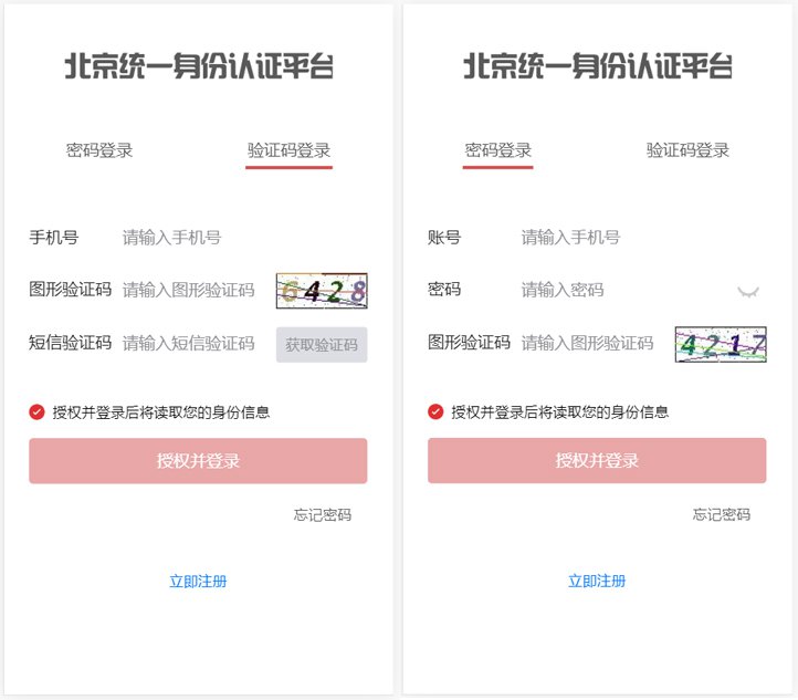 点击“掌上服务”后，进入“北京统一身份认证平台”进行实名制认证，通过认证后方可进行网上预约。认证登陆方式分为两种，分别是密码登陆和验证码登陆。
