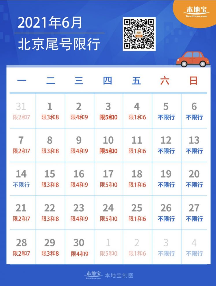 2021年6月北京限行日历表(图)