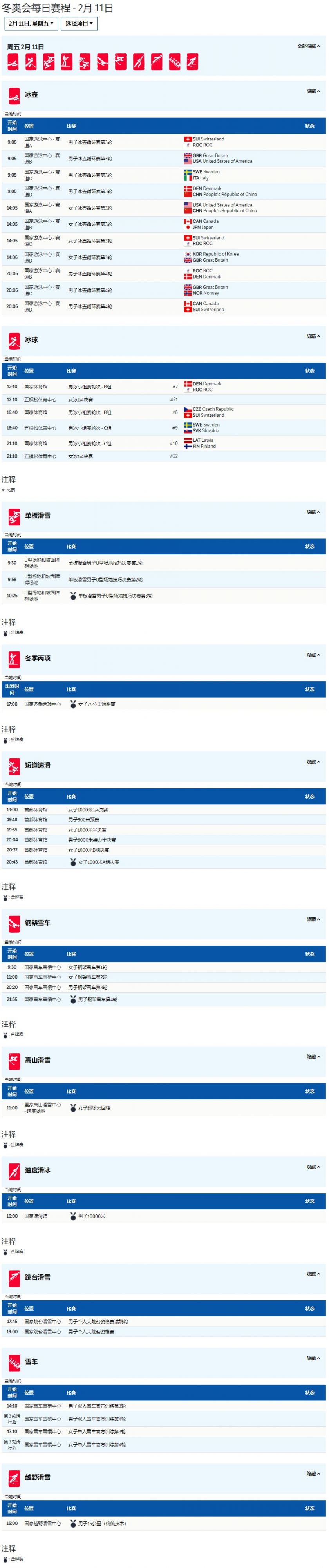 2022年2月11日北京冬奥会比赛项目时间位置赛程表