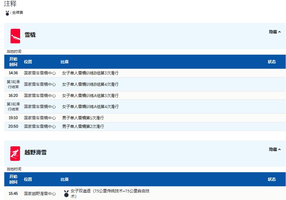 2022年2月5日北京冬奥会比赛项目赛程表