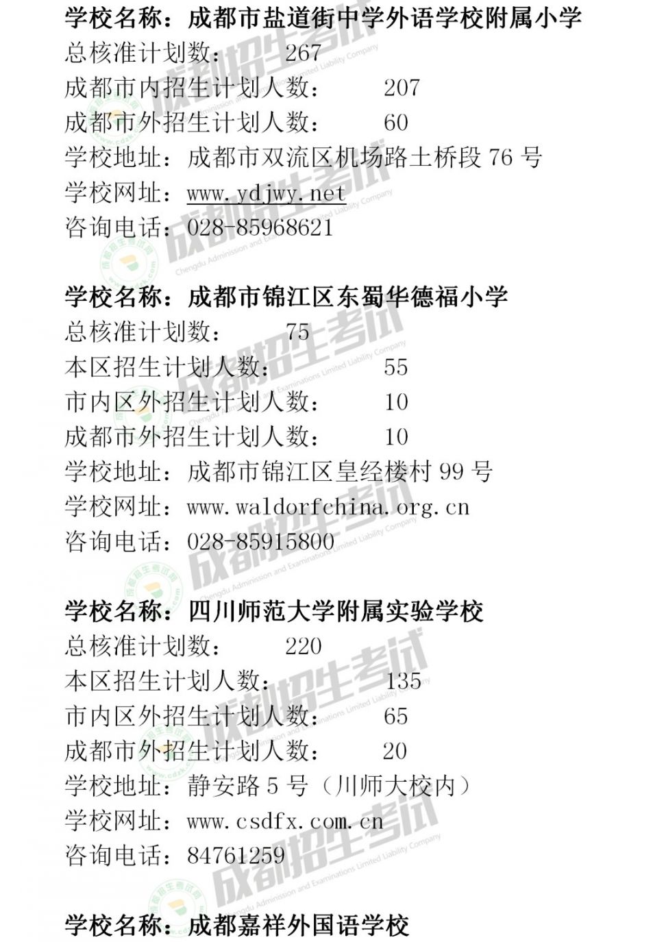 2020年成都市民辦小學招生計劃匯總