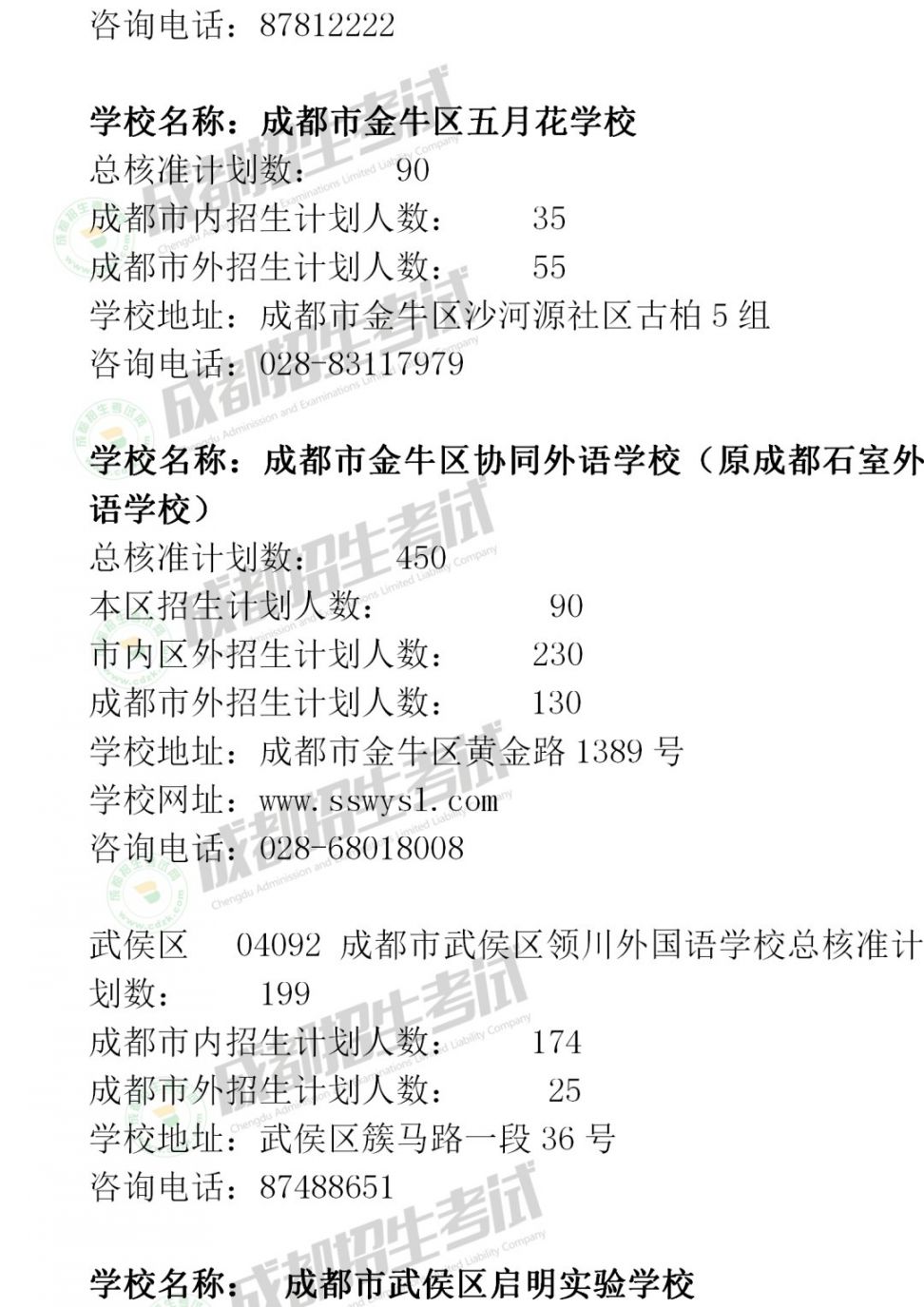 2020年成都市民辦小學招生計劃匯總