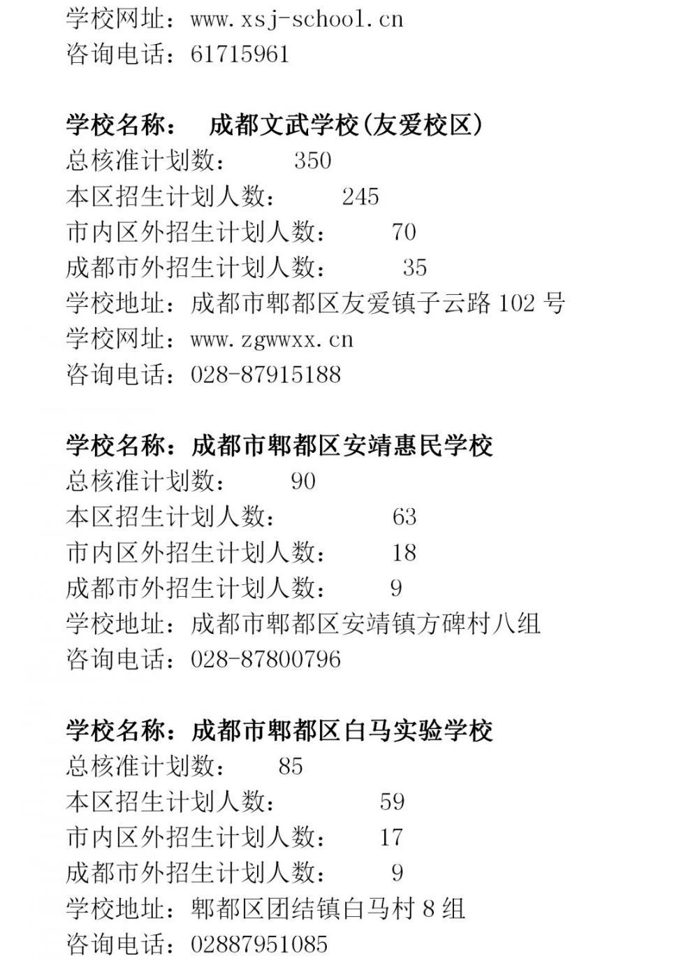 2020年成都市民辦小學招生計劃匯總