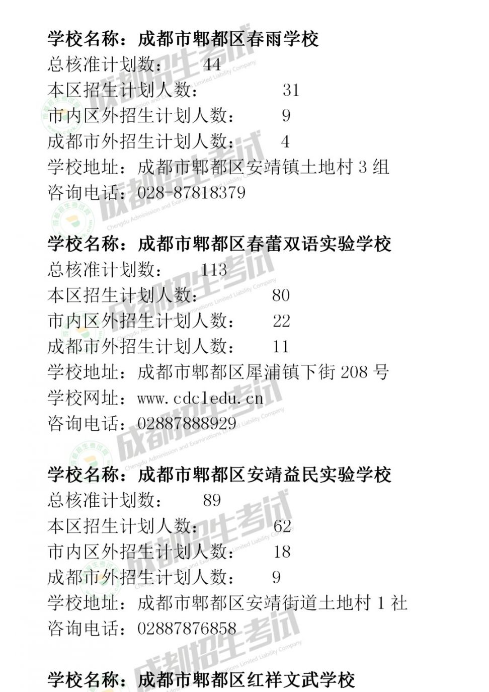 2020年成都市民辦小學招生計劃匯總