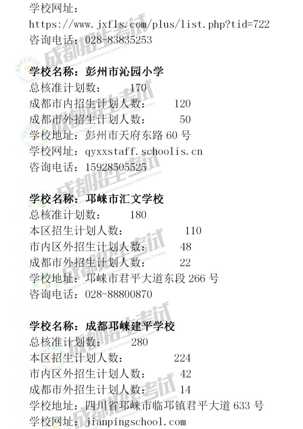 2020年成都市民辦小學招生計劃匯總