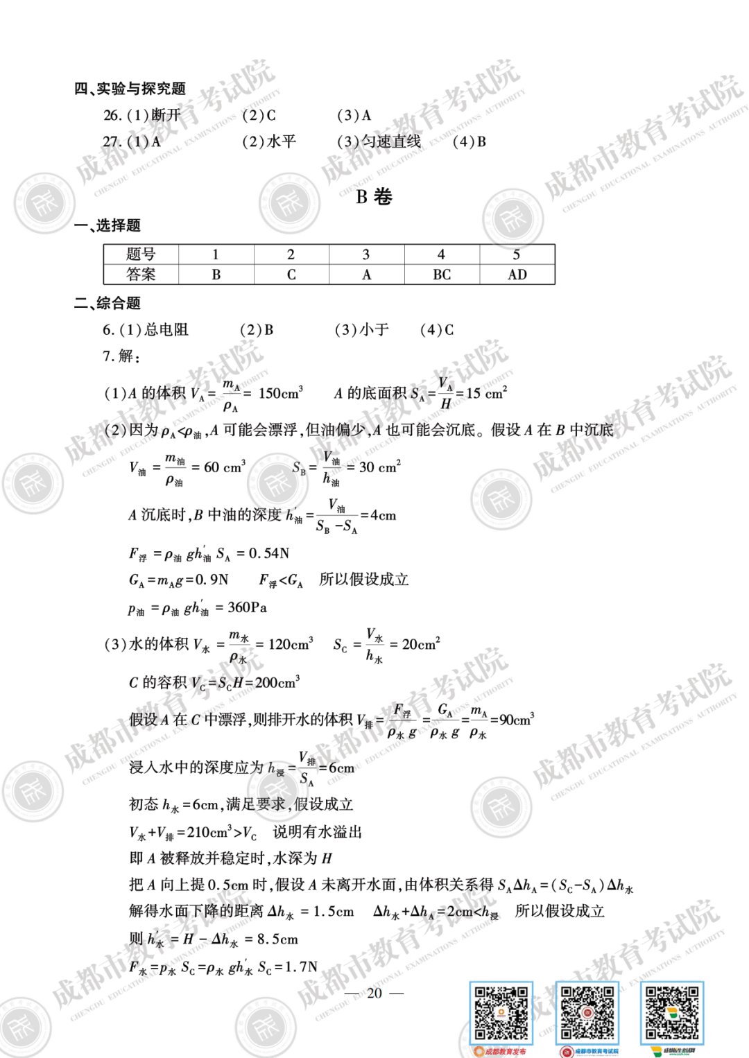 2020年成都市中考物理試題 參考答案