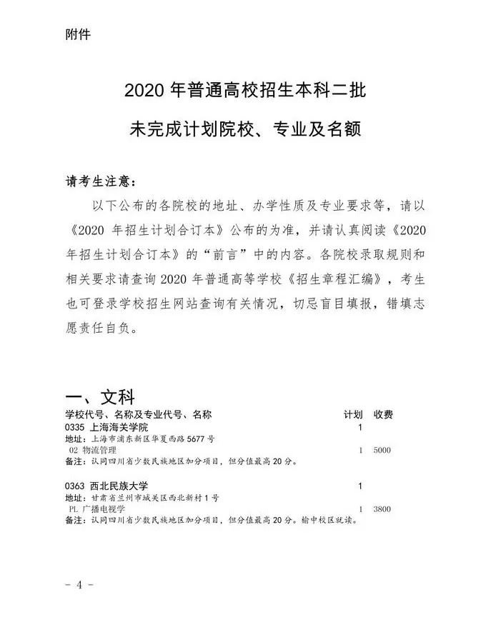 2020四川省二本未完成計劃院校征集志愿