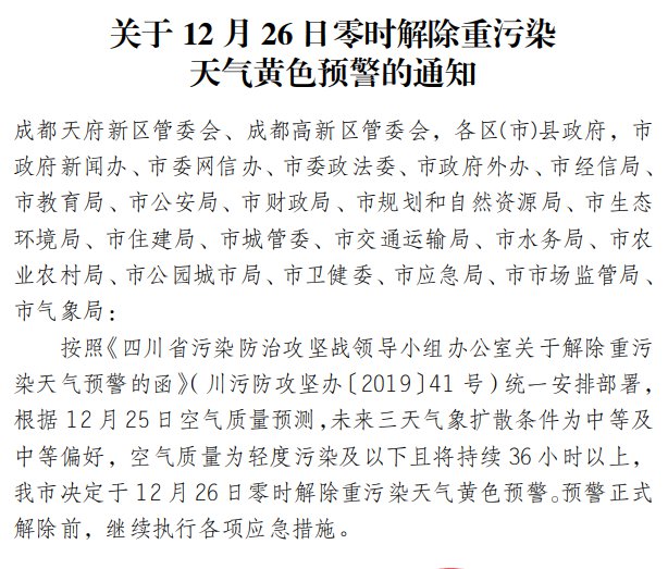 成都市12月26日零时解除重污染天气黄色预警