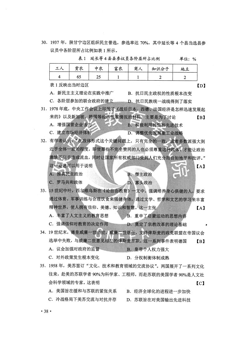 2020重庆高考文综试卷原文及答案（附估分入口）