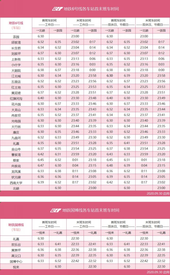 2020重庆国庆轻轨时间表