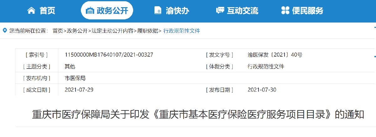 2021重庆医保报销服务项目目录标准