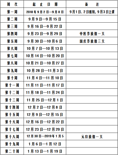 2018年秋季长沙校历时间安排