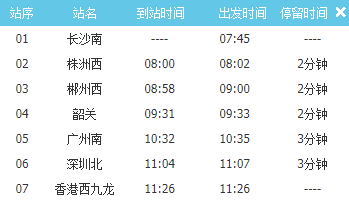 长沙到香港高铁车次时刻表(G6113\/G79\/G99)