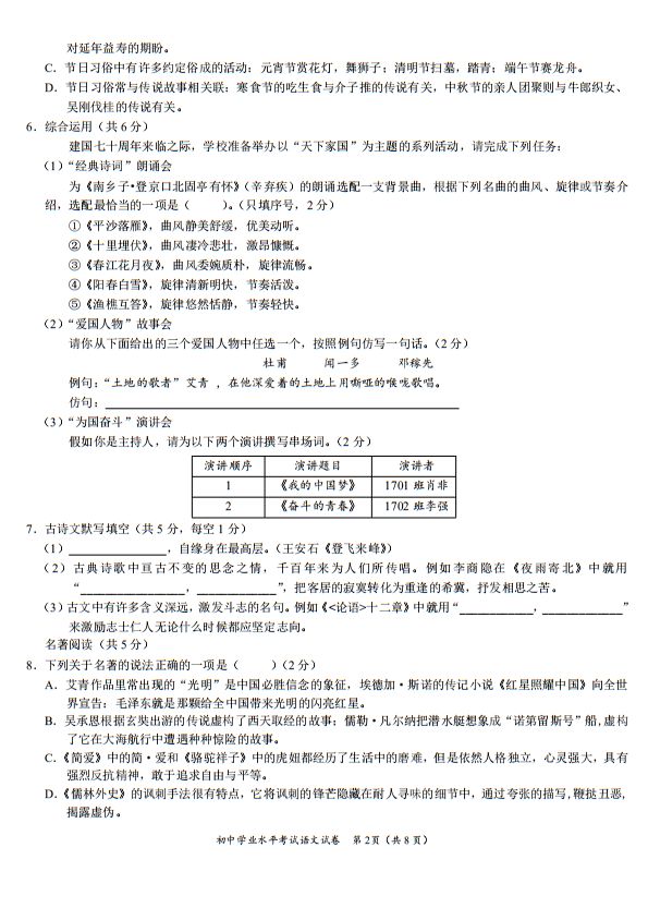 2019年长沙中考语文考题 参考答案