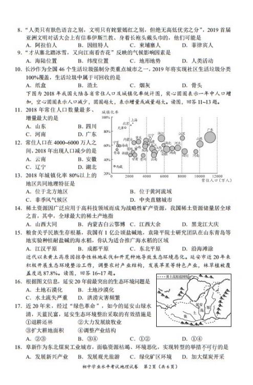2019年长沙中考试卷真题 参考答案(地理)
