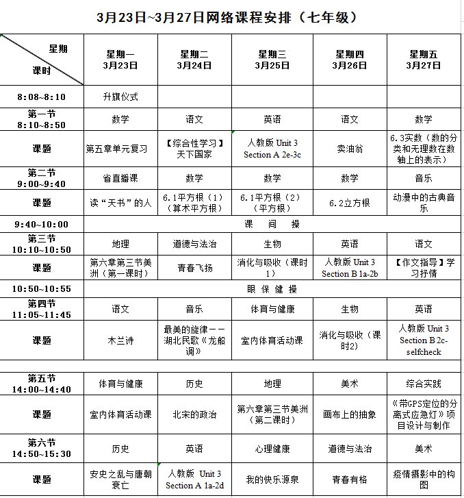 长沙初中最新网络课程表(初一 初二 初三)