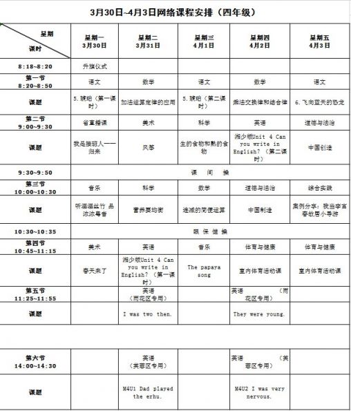 长沙停课不停学课表(3月30日至4月3日)