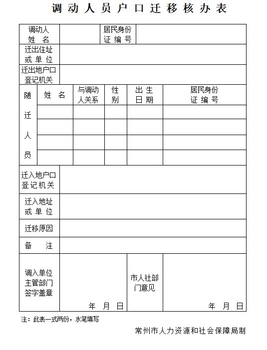 常州调动人员户口迁移核办表下载入口