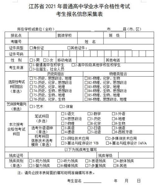2021江苏高考报名表模板