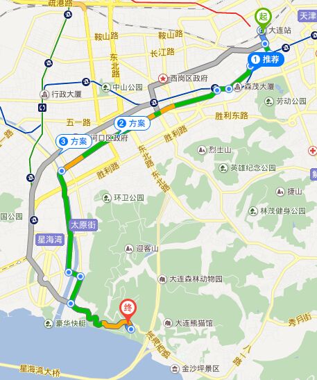 方案1:大连站—长江路—胜利广场—中山路—风光街—中山路—高尔基街