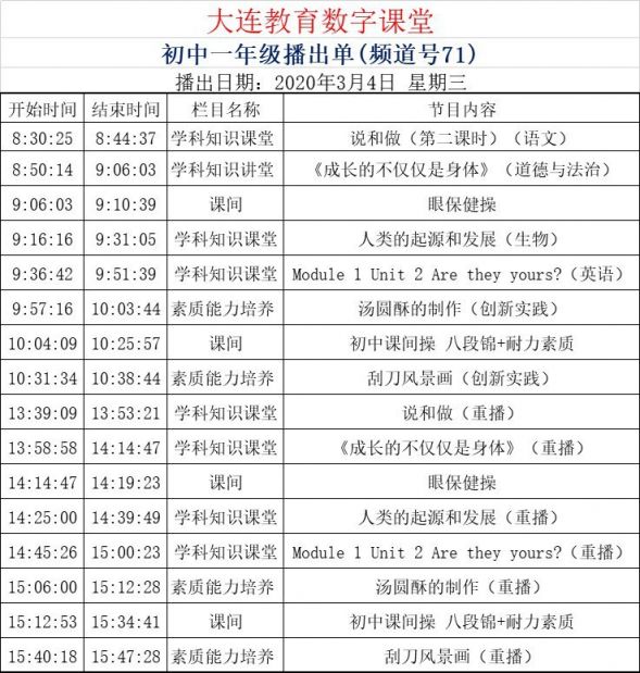 大连教育数字课堂初中一年级课程表3月4日