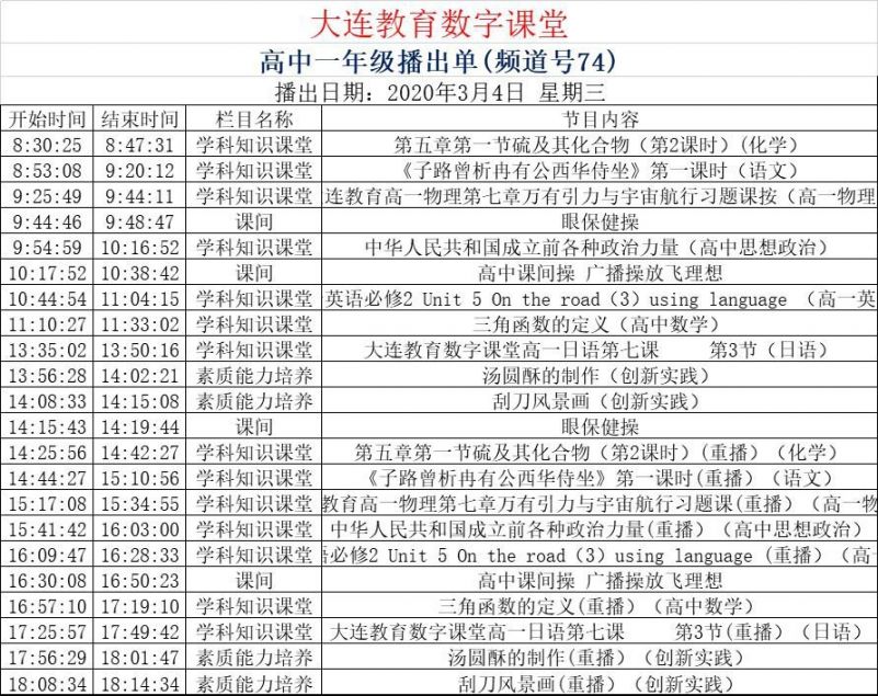 大连教育数字课堂高一课程表3月4日