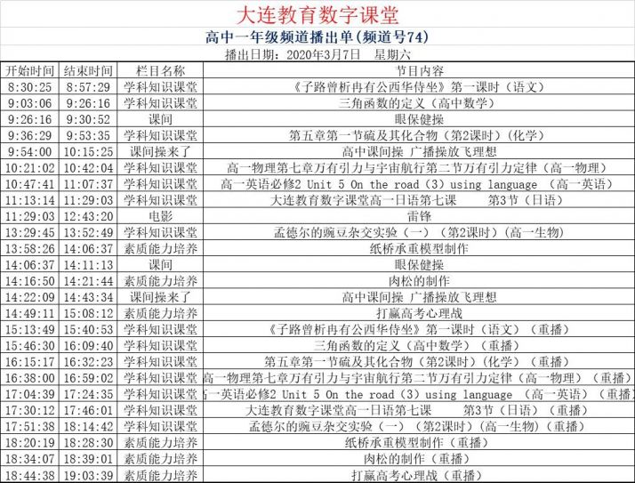 大连教育数字课堂课程表3月7日