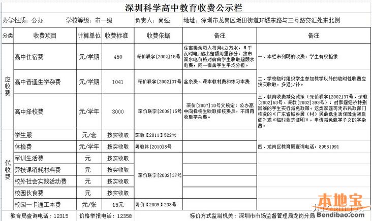 2015深圳科学高中学费收费标准