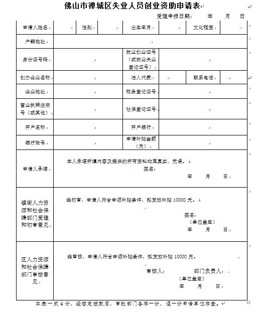 佛山禅城区失业人员创业资助申请表- 佛山本地