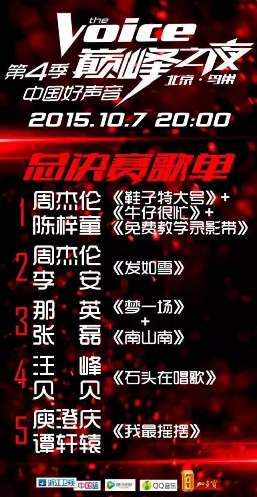 中国好声音第四季总决赛歌单 名单 时间