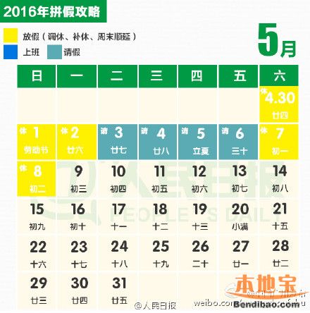 2016年五一放假安排时间表一览(含最新拼假攻