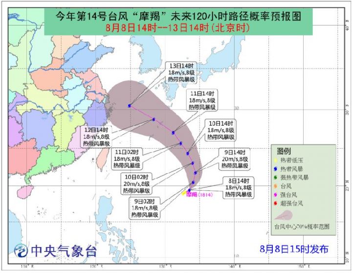 8月9日第14号台风摩羯路径图