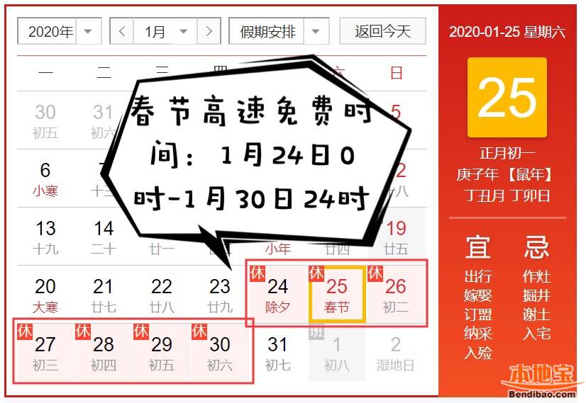 2020杭州春节高速免费通行时间一览