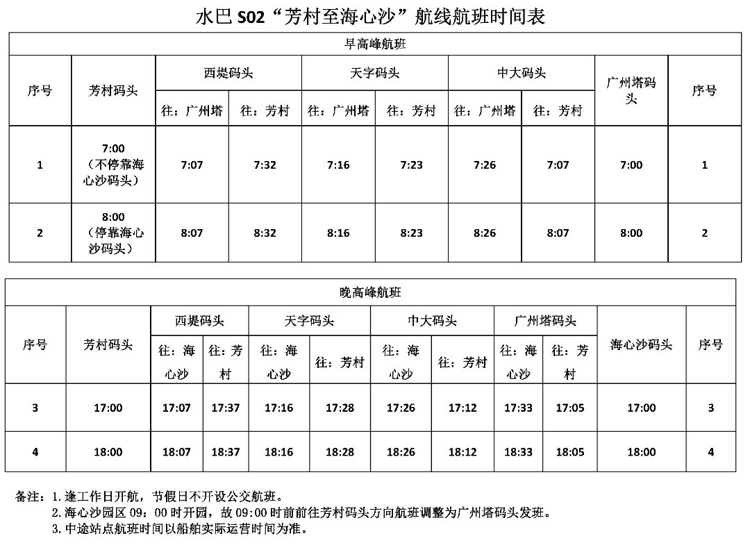 广州水上巴士S2线路及时刻表一览