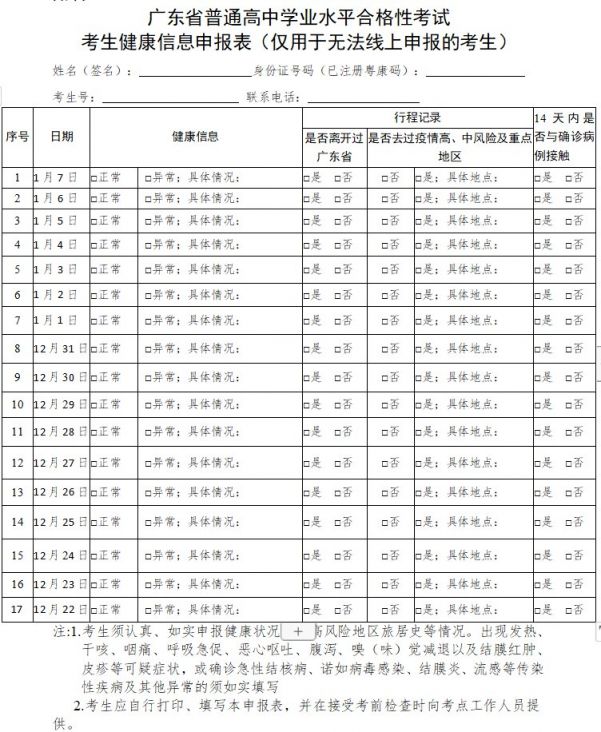 2022年1月广东高中学考考生健康信息申报表下载