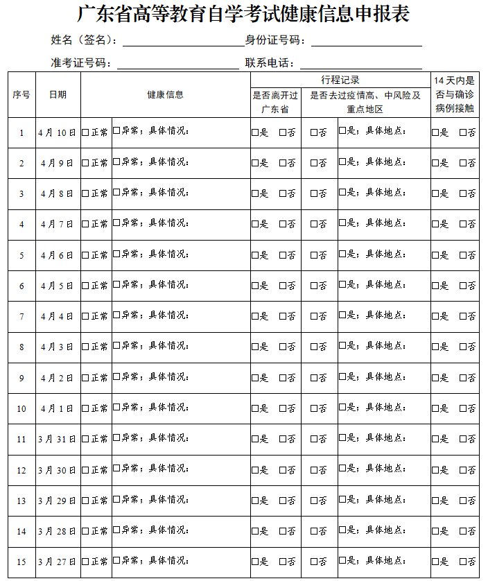 广东省高等教育自学考试健康信息申报表（可下载）