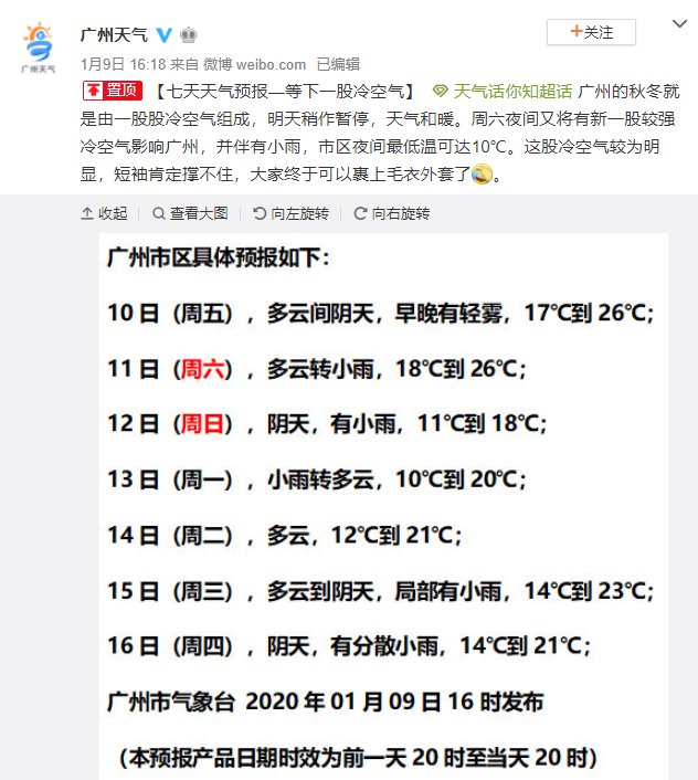 2020年1月10日广州天气多云到阴天 18℃~26℃